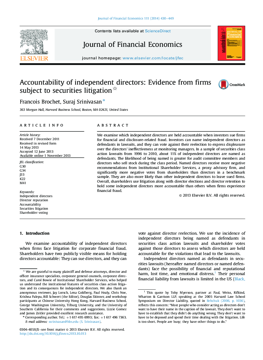 Accountability of independent directors: Evidence from firms subject to securities litigation 