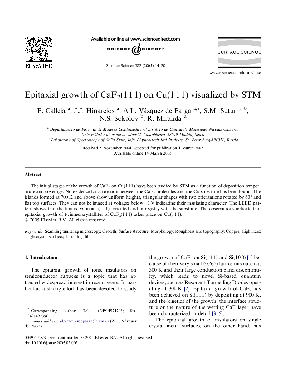 Epitaxial growth of CaF2(1Â 1Â 1) on Cu(1Â 1Â 1) visualized by STM