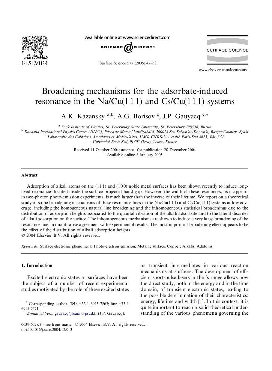 Broadening mechanisms for the adsorbate-induced resonance in the Na/Cu(1Â 1Â 1) and Cs/Cu(1Â 1Â 1) systems