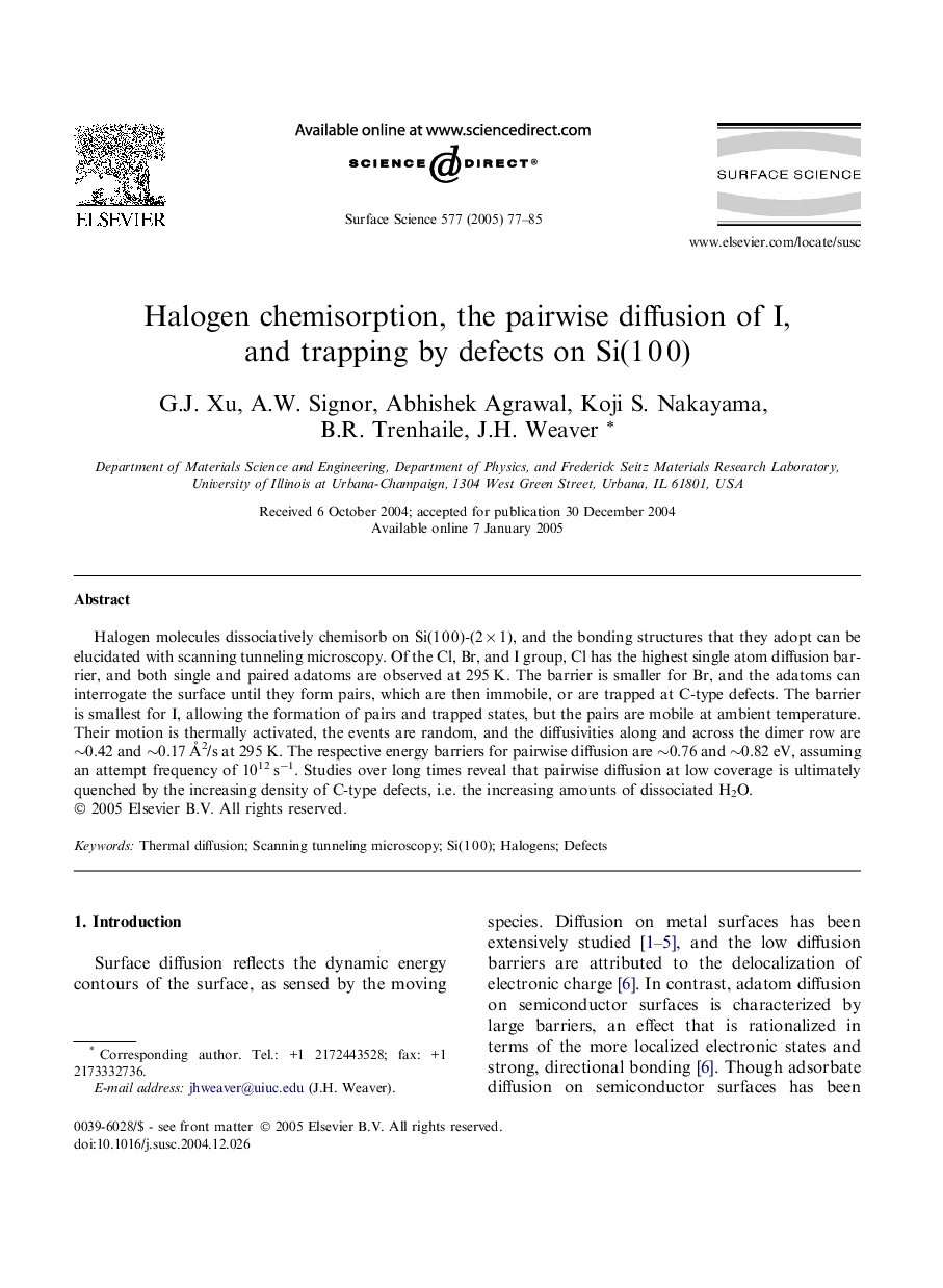 Halogen chemisorption, the pairwise diffusion of I, and trapping by defects on Si(1Â 0Â 0)