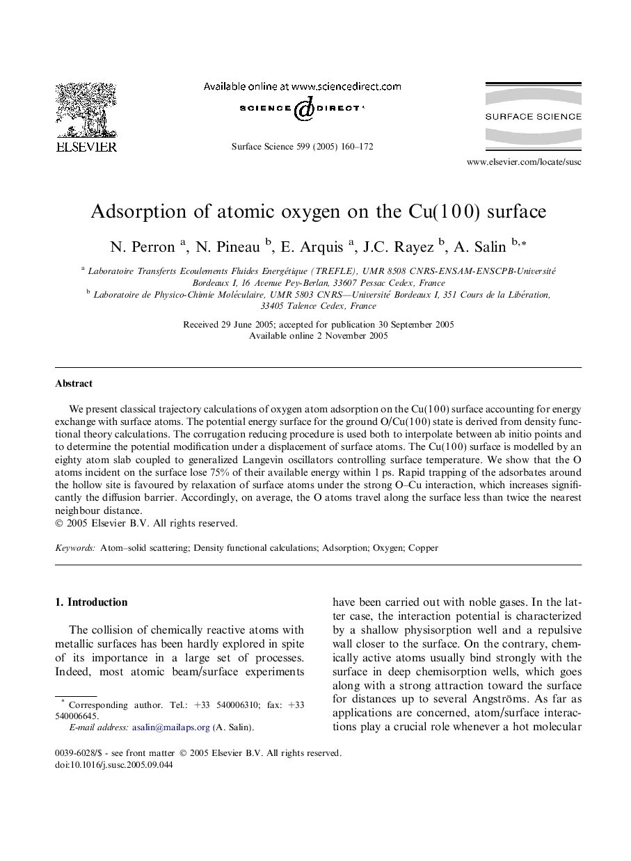 Adsorption of atomic oxygen on the Cu(1Â 0Â 0) surface