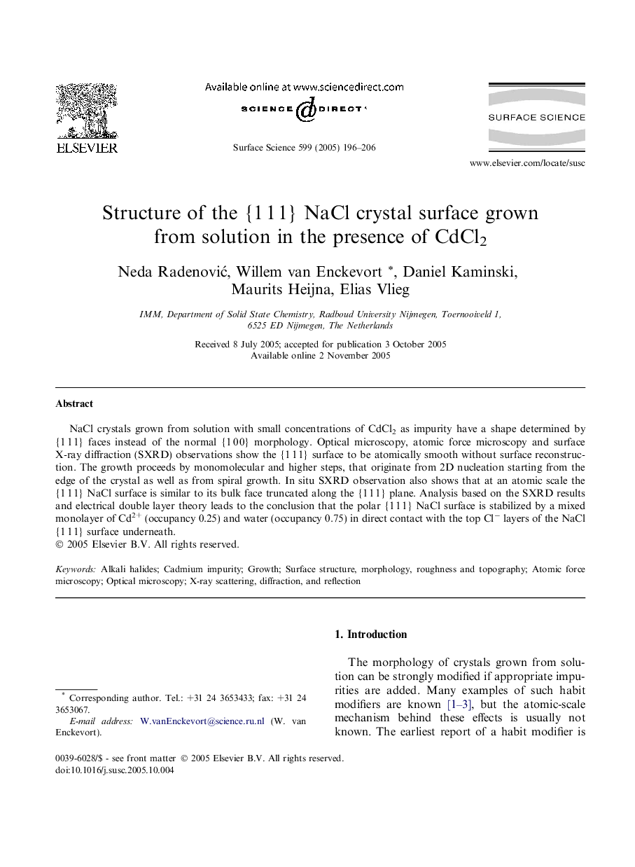 Structure of the {1Â 1Â 1} NaCl crystal surface grown from solution in the presence of CdCl2