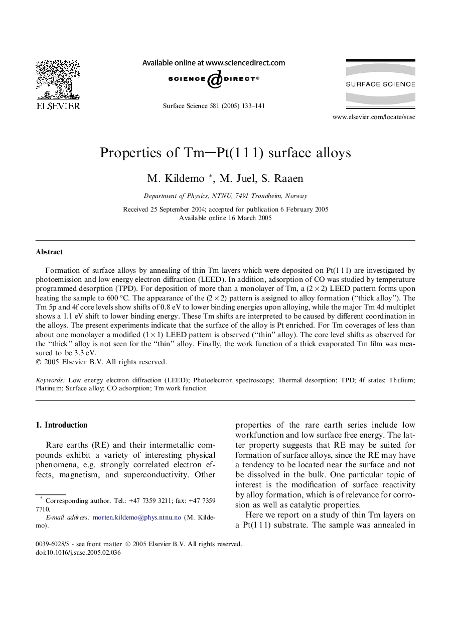 Properties of TmPt(1Â 1Â 1) surface alloys