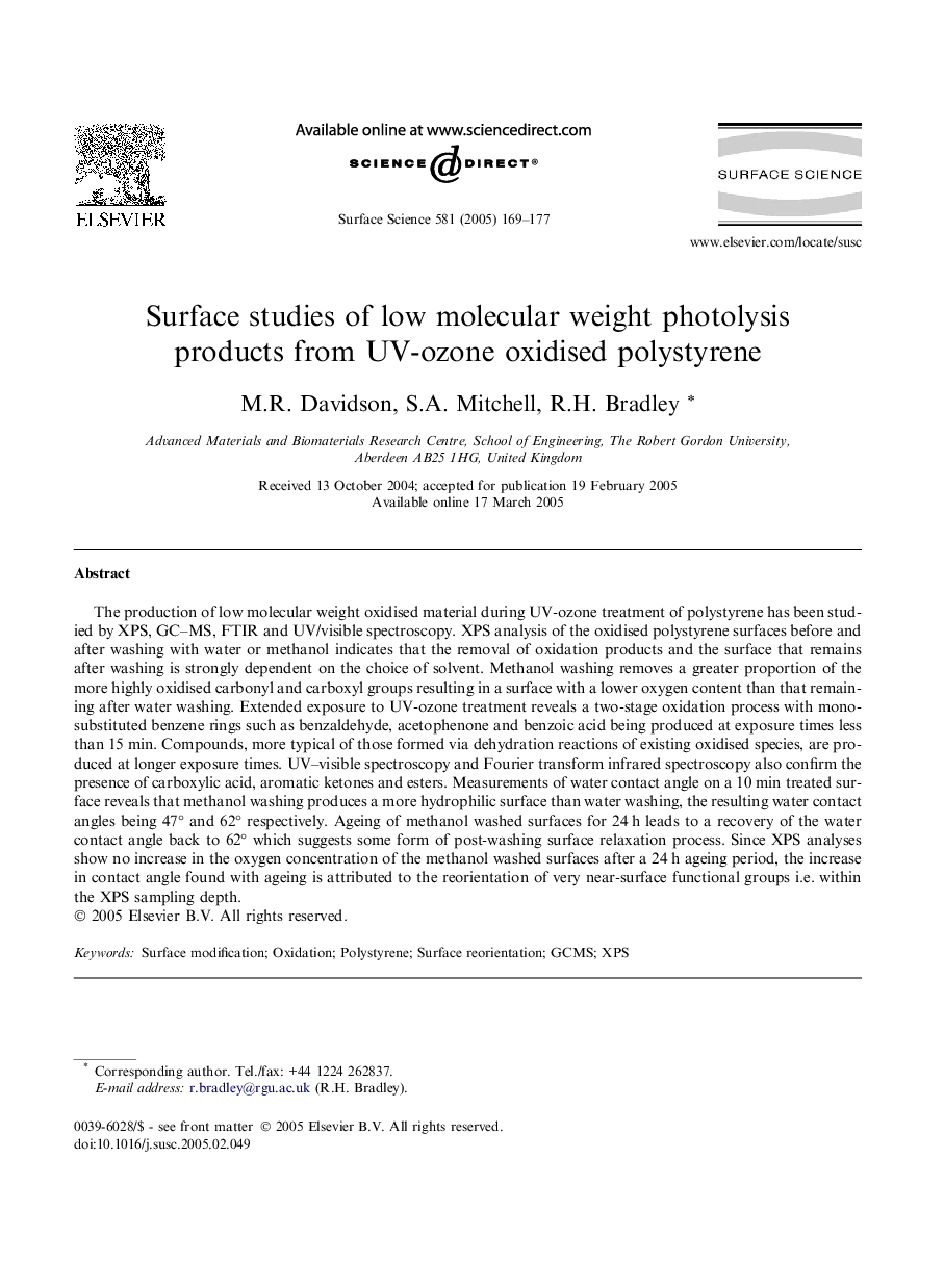 Surface studies of low molecular weight photolysis products from UV-ozone oxidised polystyrene