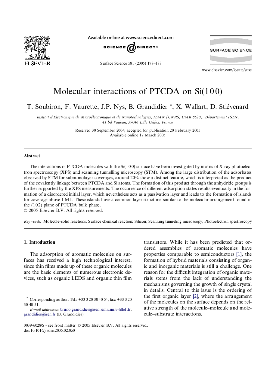 Molecular interactions of PTCDA on Si(1Â 0Â 0)