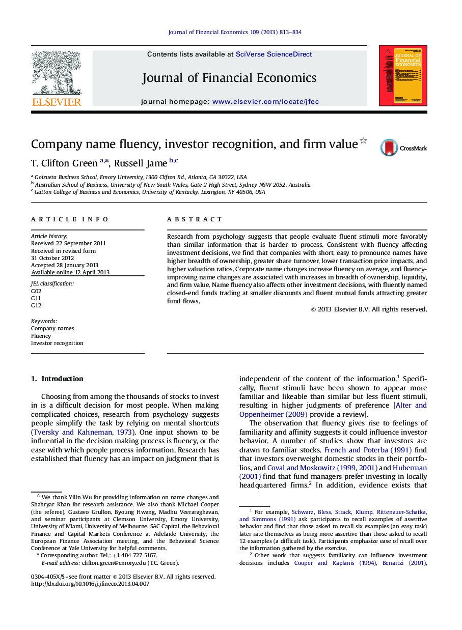 Company name fluency, investor recognition, and firm value