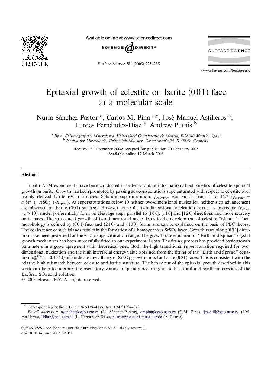 Epitaxial growth of celestite on barite (0Â 0Â 1) face at a molecular scale