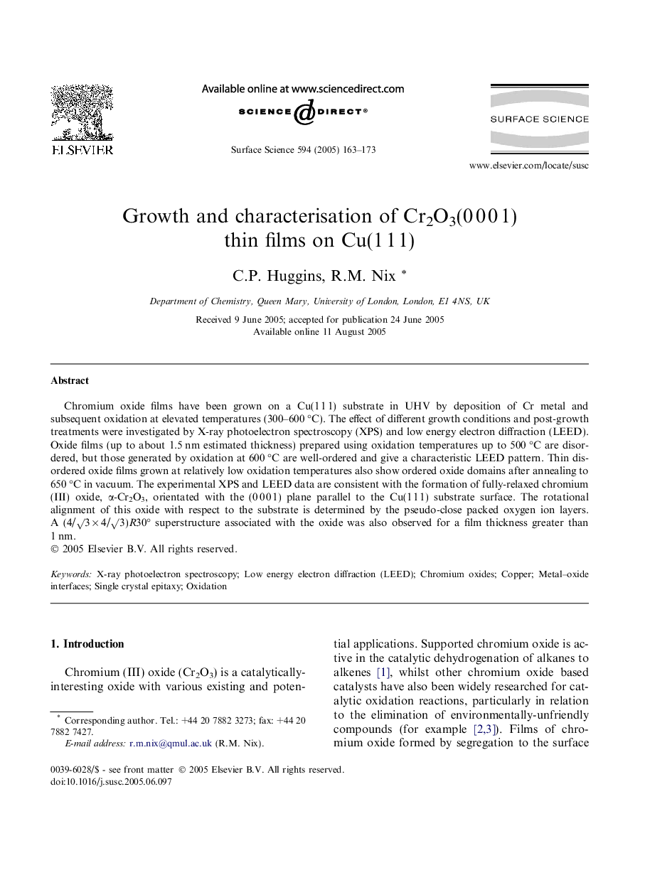 Growth and characterisation of Cr2O3(0Â 0Â 0Â 1) thin films on Cu(1Â 1Â 1)