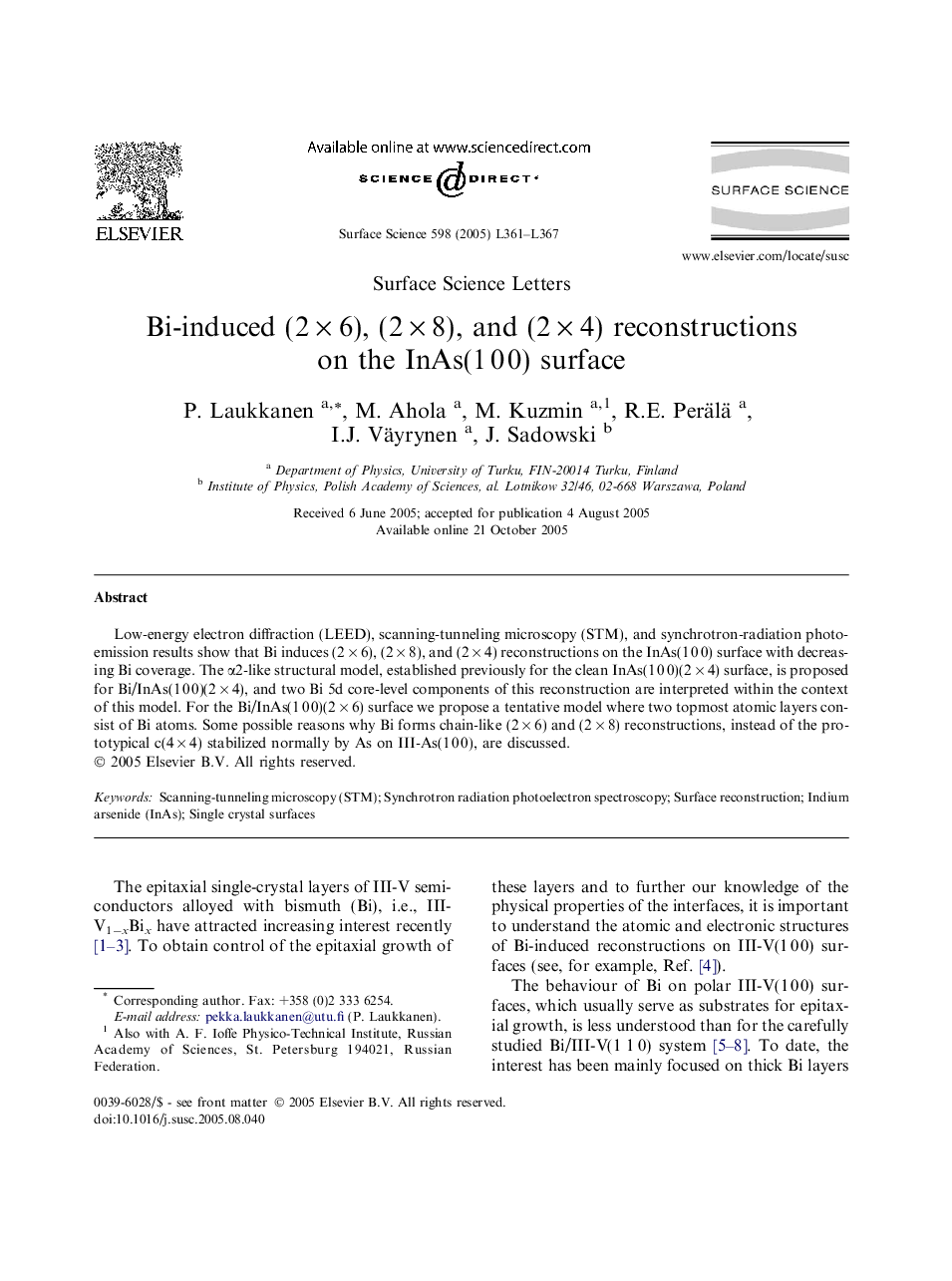 Bi-induced (2Â ÃÂ 6), (2Â ÃÂ 8), and (2Â ÃÂ 4) reconstructions on the InAs(1Â 0Â 0) surface