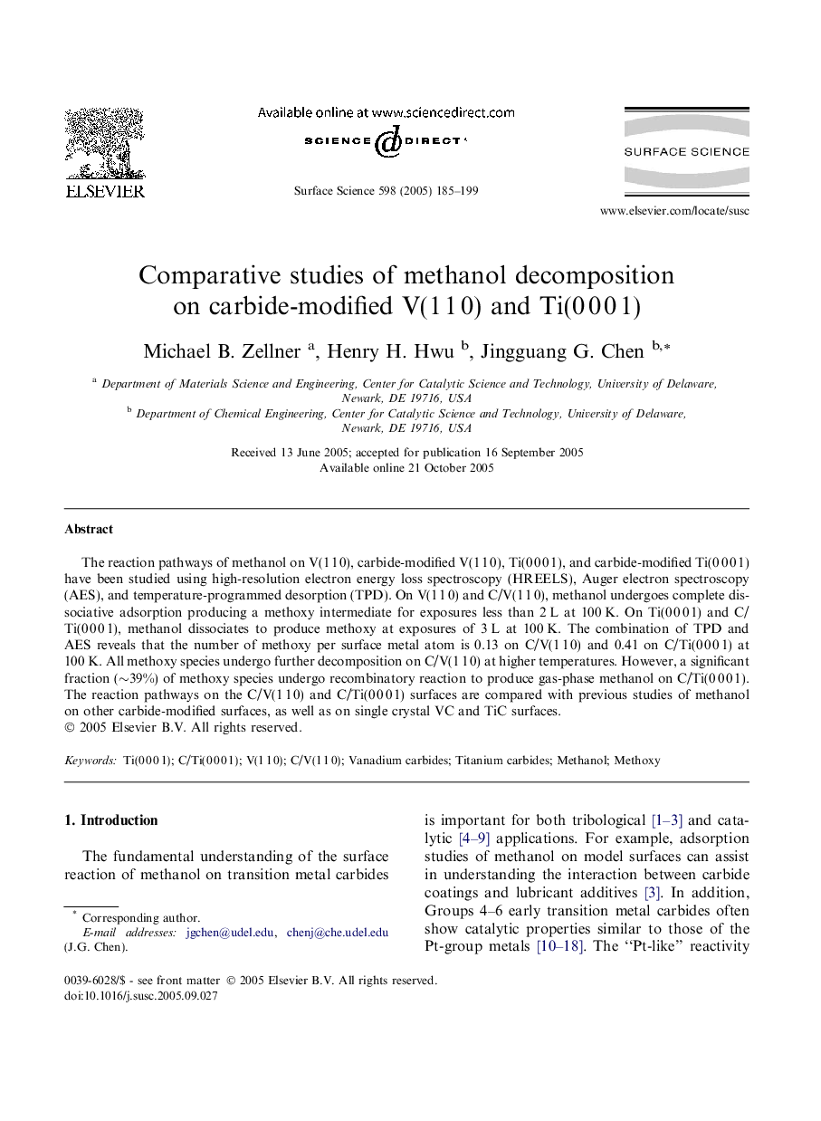 Comparative studies of methanol decomposition on carbide-modified V(1Â 1Â 0) and Ti(0Â 0Â 0Â 1)