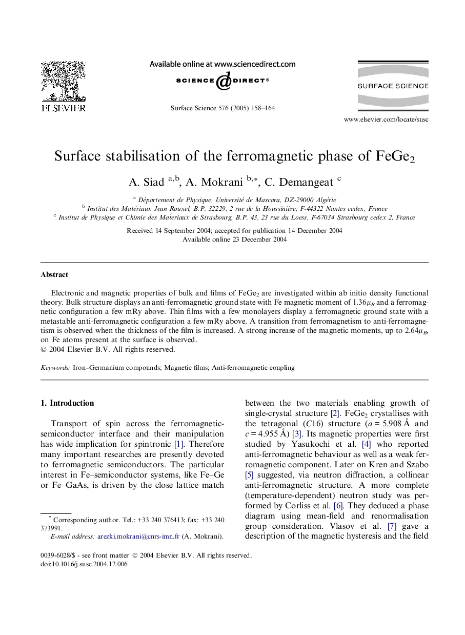 Surface stabilisation of the ferromagnetic phase of FeGe2