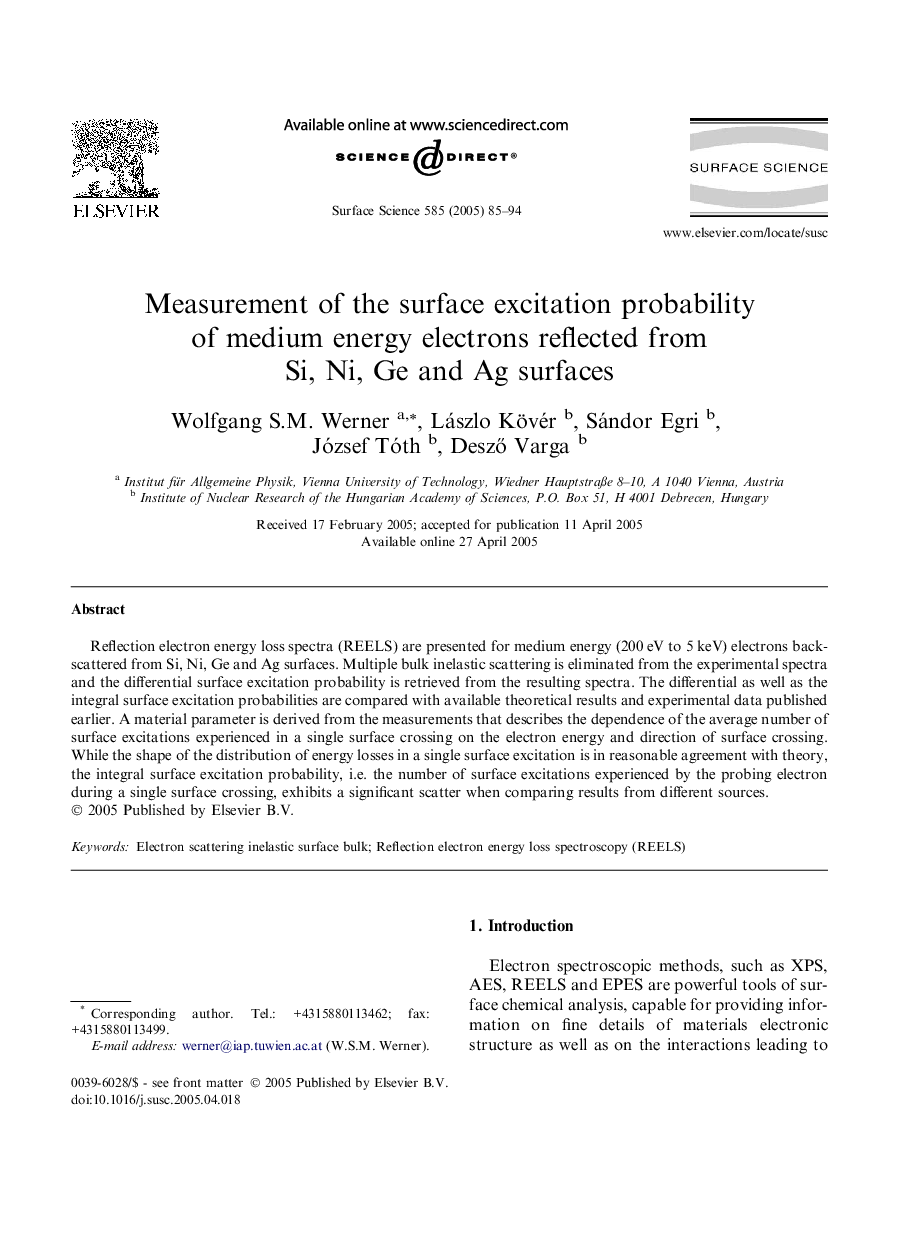 Measurement of the surface excitation probability of medium energy electrons reflected from Si, Ni, Ge and Ag surfaces