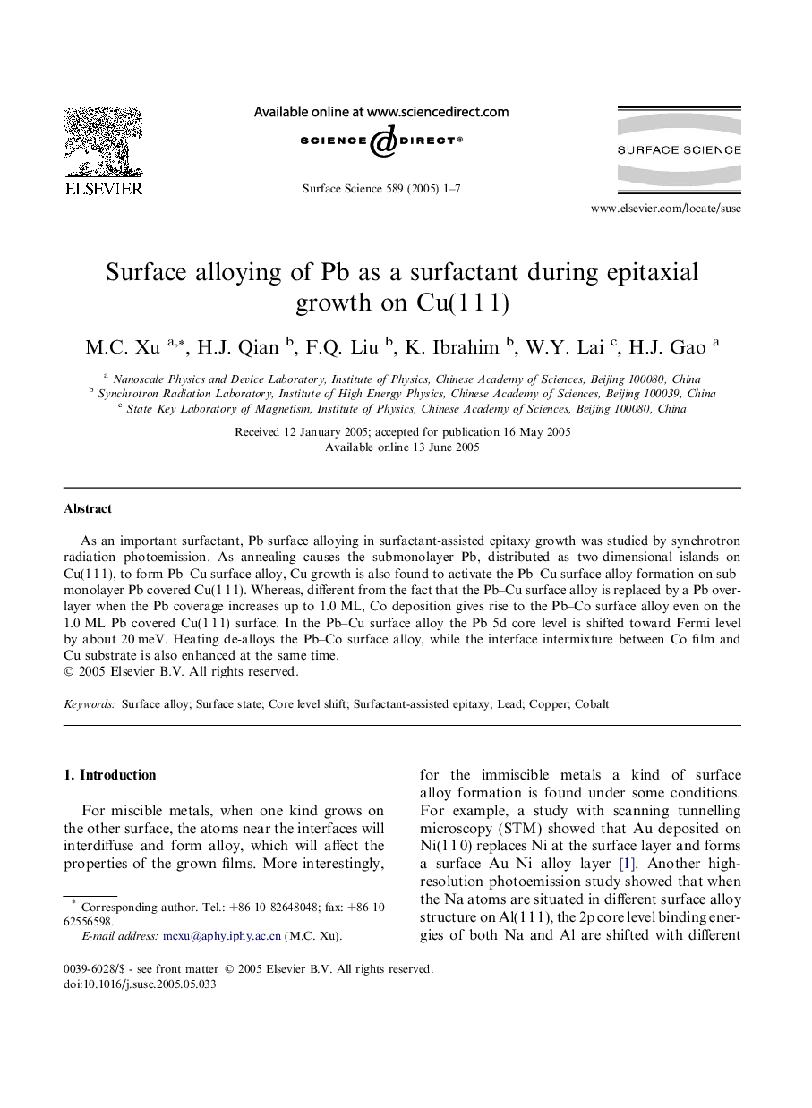 Surface alloying of Pb as a surfactant during epitaxial growth on Cu(1Â 1Â 1)