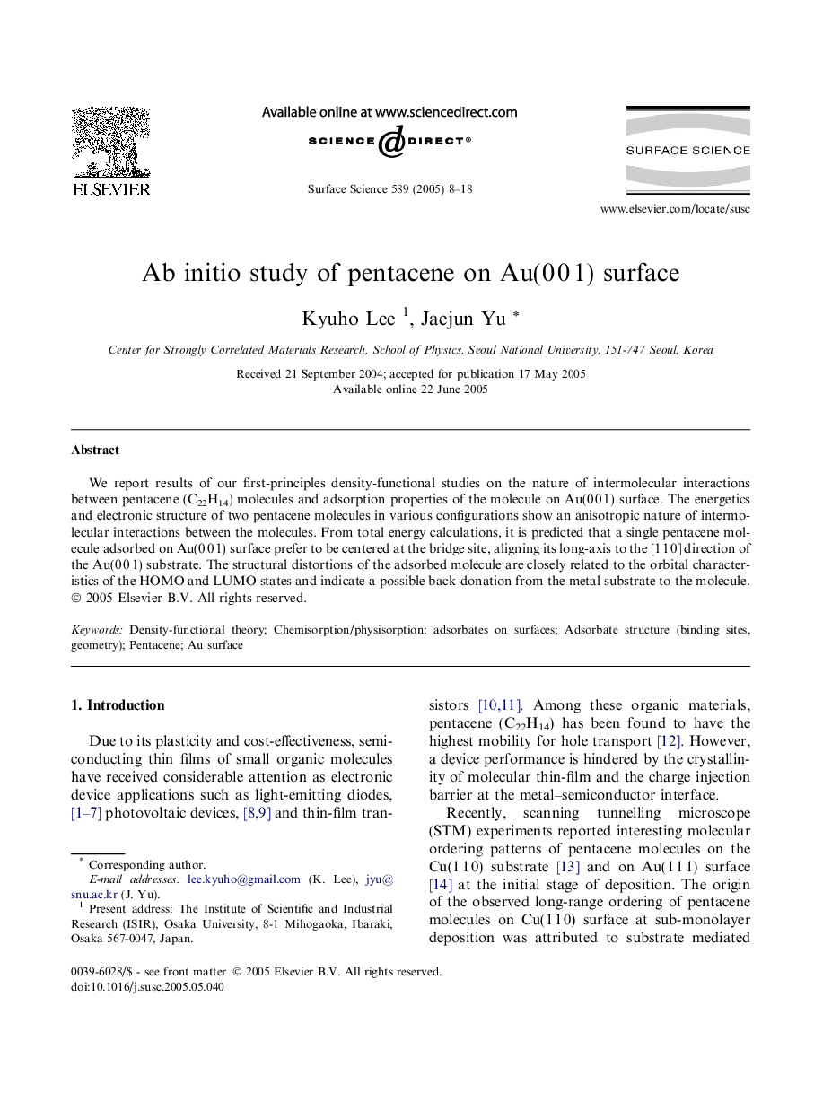 Ab initio study of pentacene on Au(0Â 0Â 1) surface