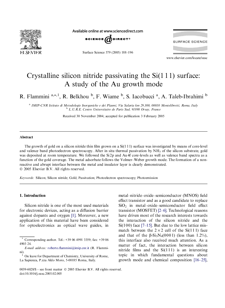 عکس صفحه اول مقاله: Crystalline silicon nitride passivating the Si(1Â 1Â 1) surface: A study of the Au growth mode Crystalline silicon nitride passivating the Si(1Â 1Â 1) surface: A study of the Au growth mode