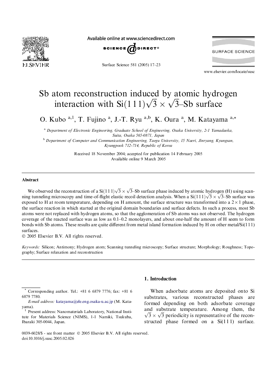 Sb atom reconstruction induced by atomic hydrogen interaction with Si(111)3Ã3-Sb surface