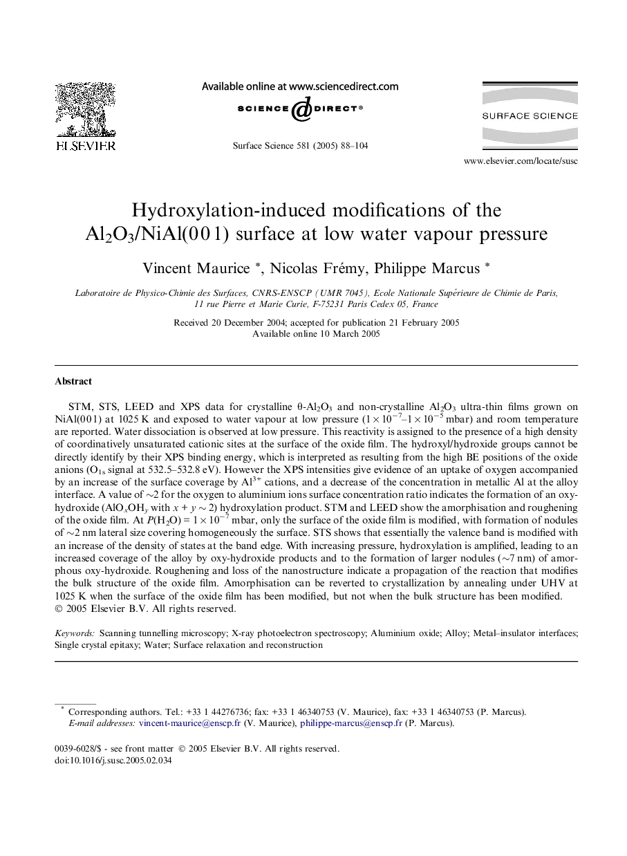 Hydroxylation-induced modifications of the Al2O3/NiAl(0Â 0Â 1) surface at low water vapour pressure