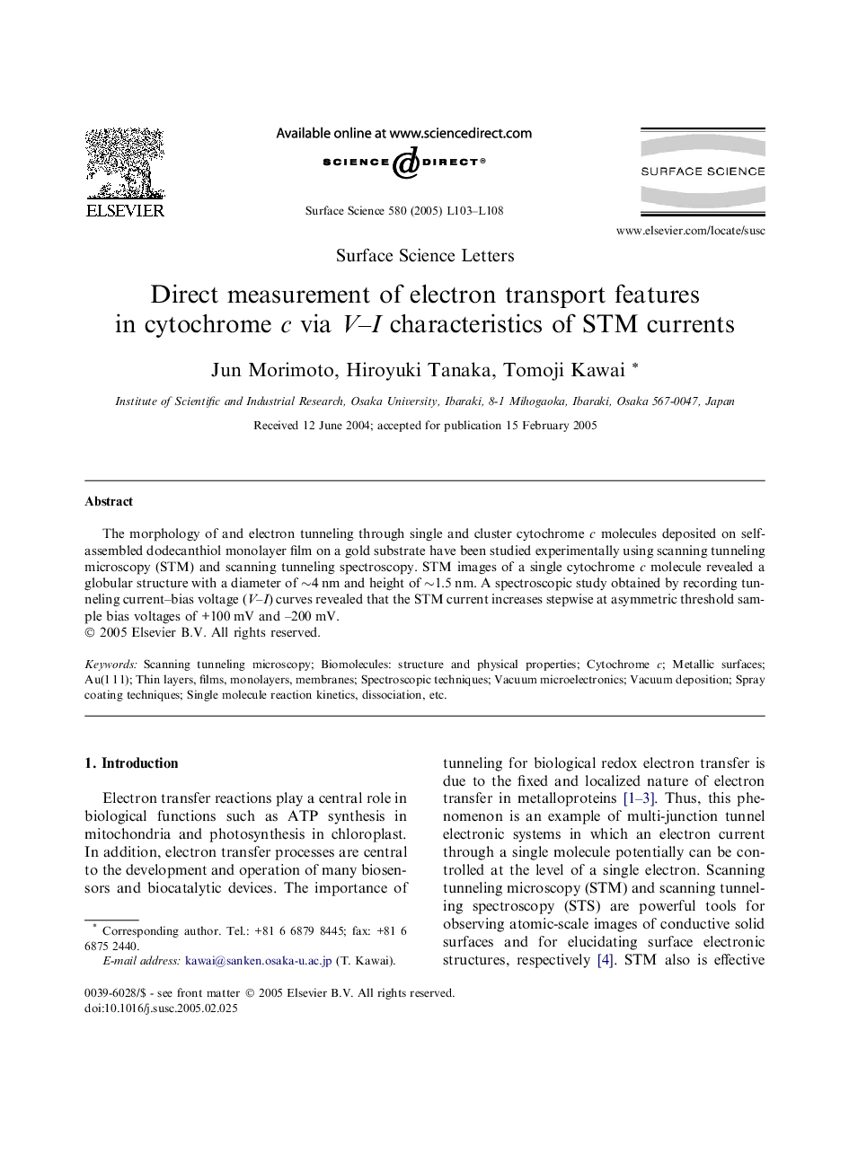 Direct measurement of electron transport features in cytochrome c via V-I characteristics of STM currents