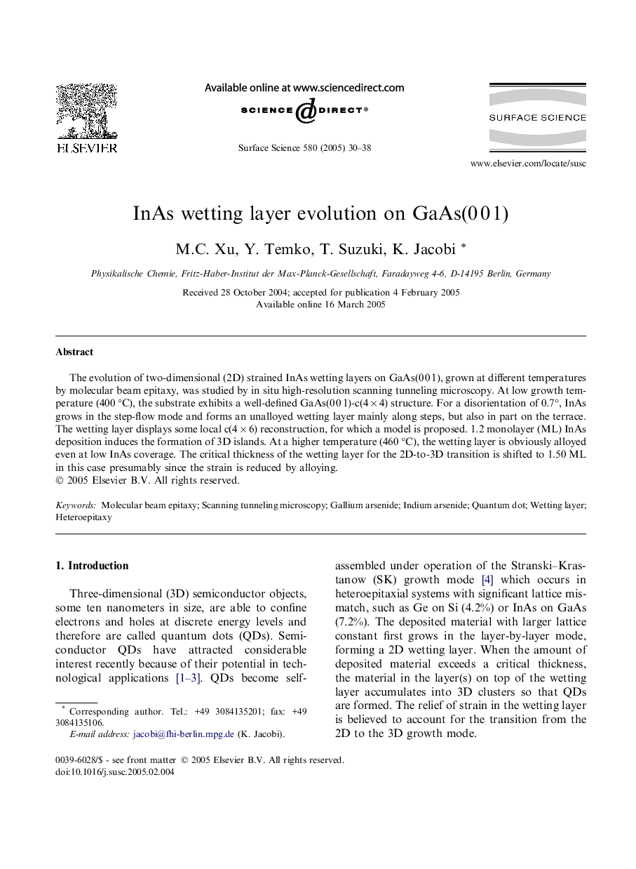 InAs wetting layer evolution on GaAs(0Â 0Â 1)