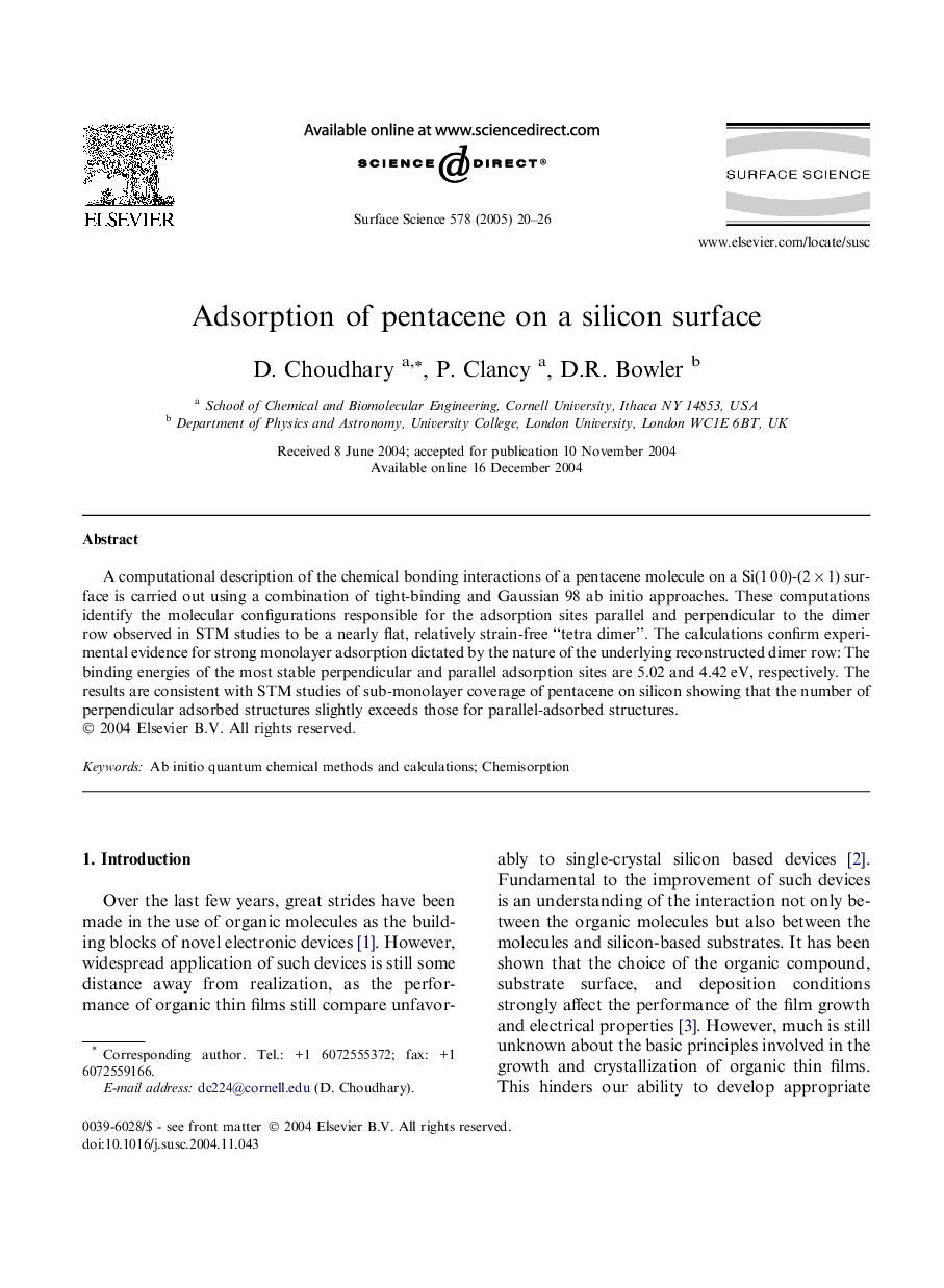 Adsorption of pentacene on a silicon surface