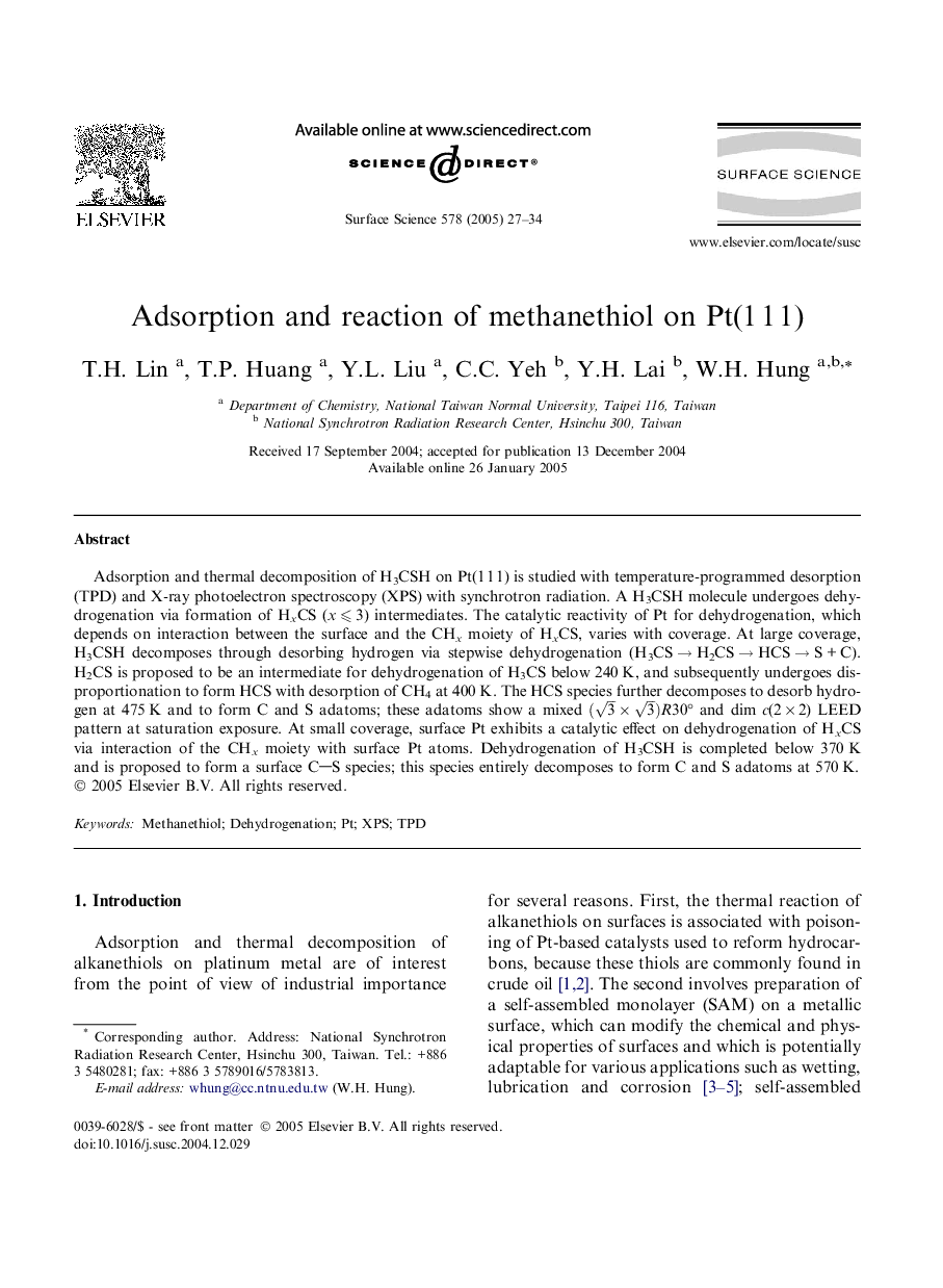 Adsorption and reaction of methanethiol on Pt(1Â 1Â 1)