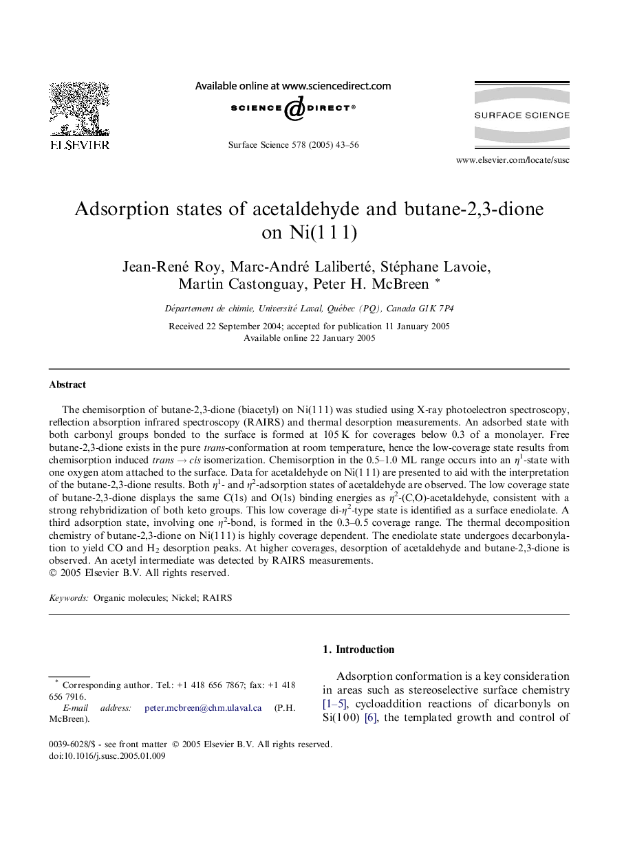 Adsorption states of acetaldehyde and butane-2,3-dione on Ni(1Â 1Â 1)