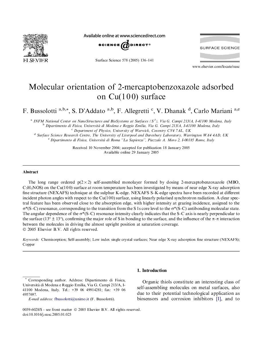 Molecular orientation of 2-mercaptobenzoxazole adsorbed on Cu(1Â 0Â 0) surface