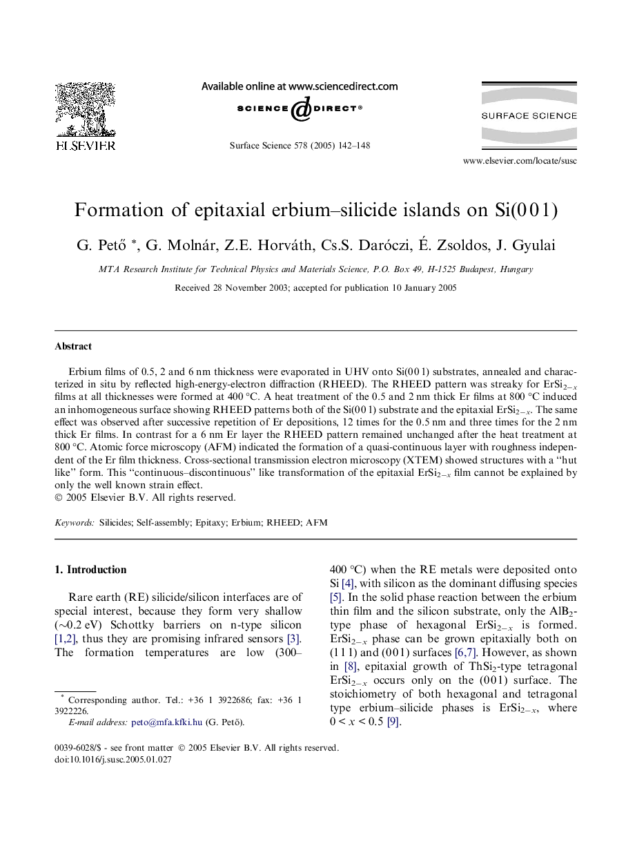 Formation of epitaxial erbium-silicide islands on Si(0Â 0Â 1)