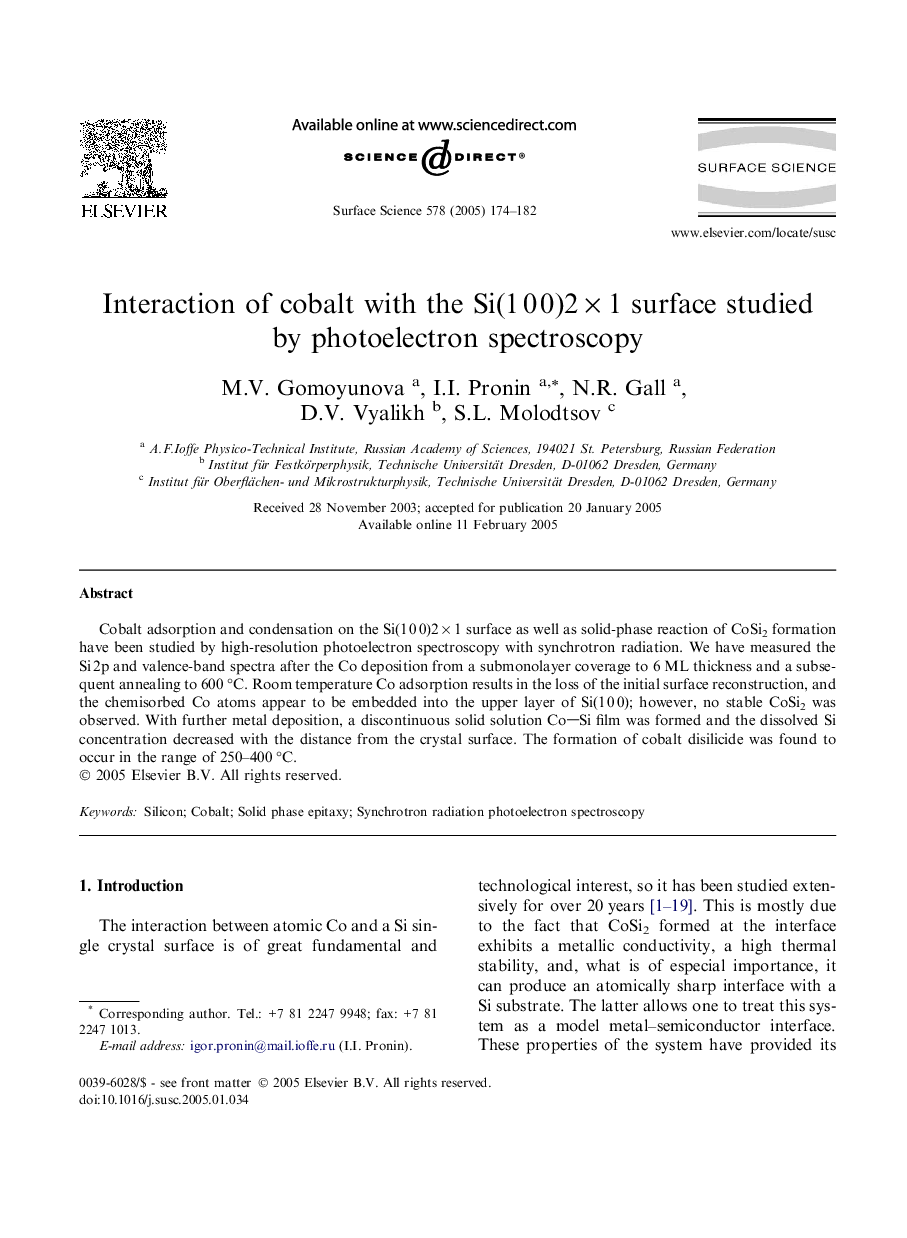 Interaction of cobalt with the Si(1Â 0Â 0)2Â ÃÂ 1 surface studied by photoelectron spectroscopy