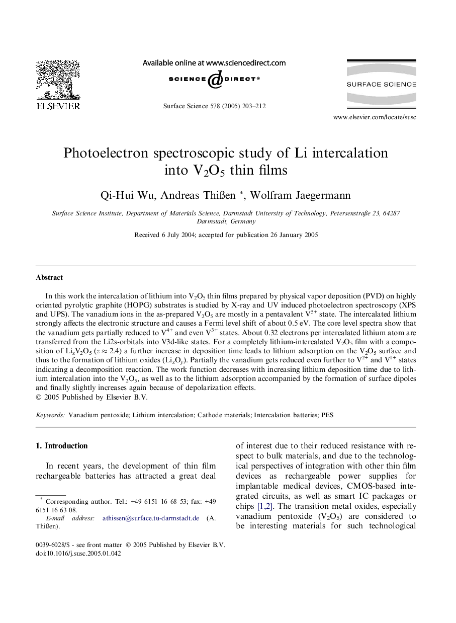 Photoelectron spectroscopic study of Li intercalation into V2O5 thin films