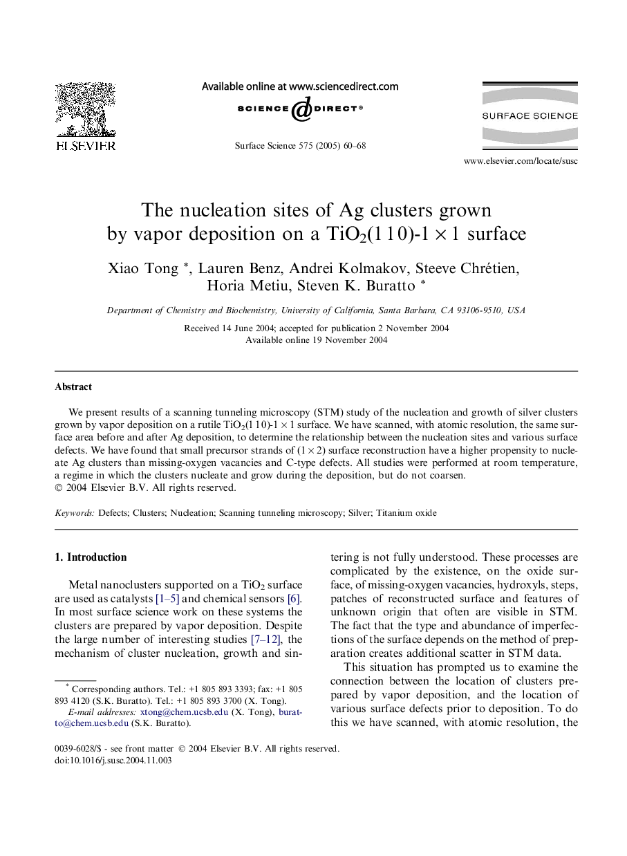 The nucleation sites of Ag clusters grown by vapor deposition on a TiO2(1Â 1Â 0)-1Â ÃÂ 1 surface