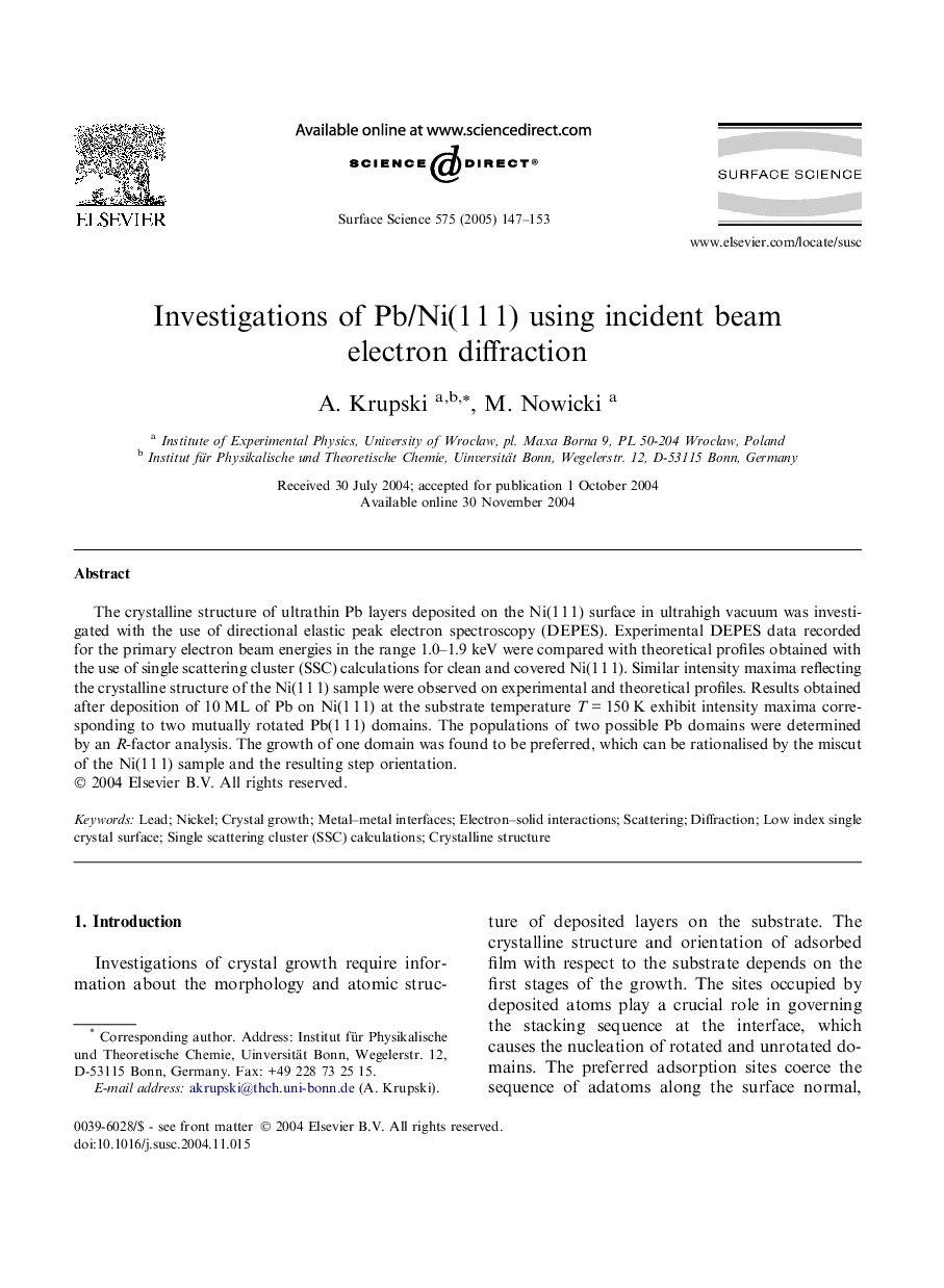 Investigations of Pb/Ni(1Â 1Â 1) using incident beam electron diffraction