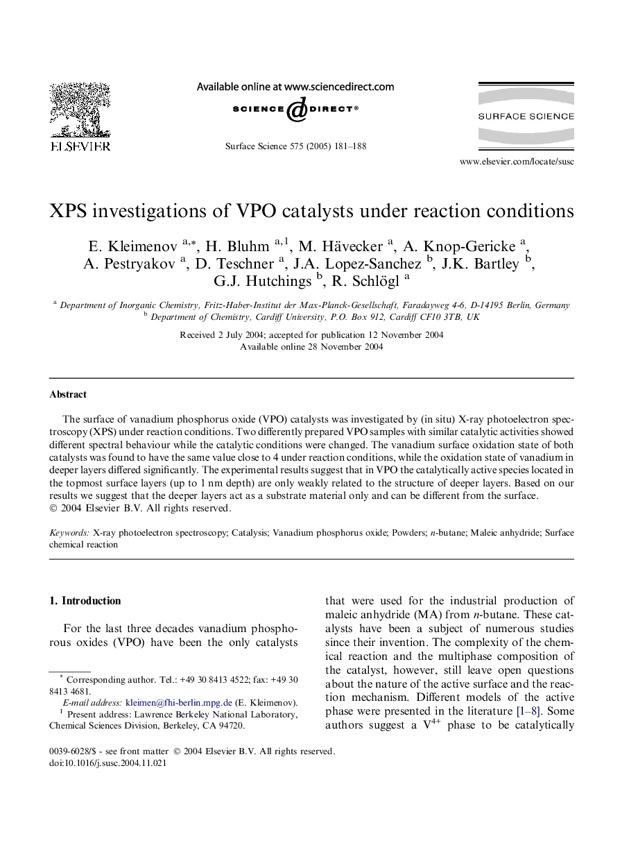 XPS investigations of VPO catalysts under reaction conditions