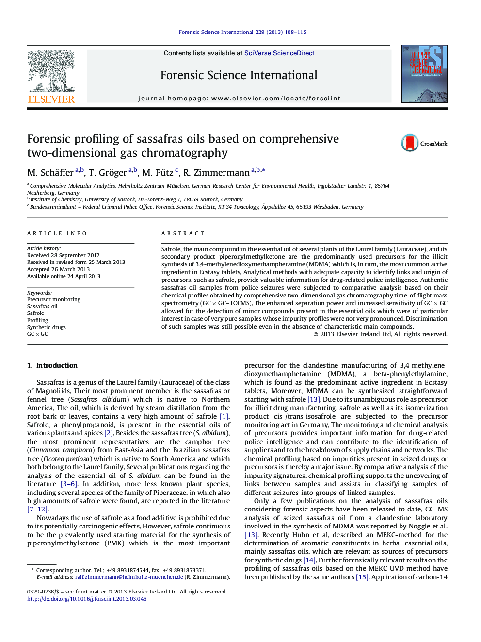 Forensic profiling of sassafras oils based on comprehensive two-dimensional gas chromatography