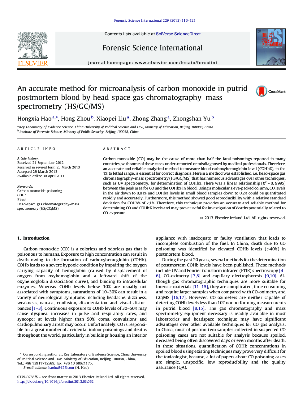 An accurate method for microanalysis of carbon monoxide in putrid postmortem blood by head-space gas chromatography–mass spectrometry (HS/GC/MS)