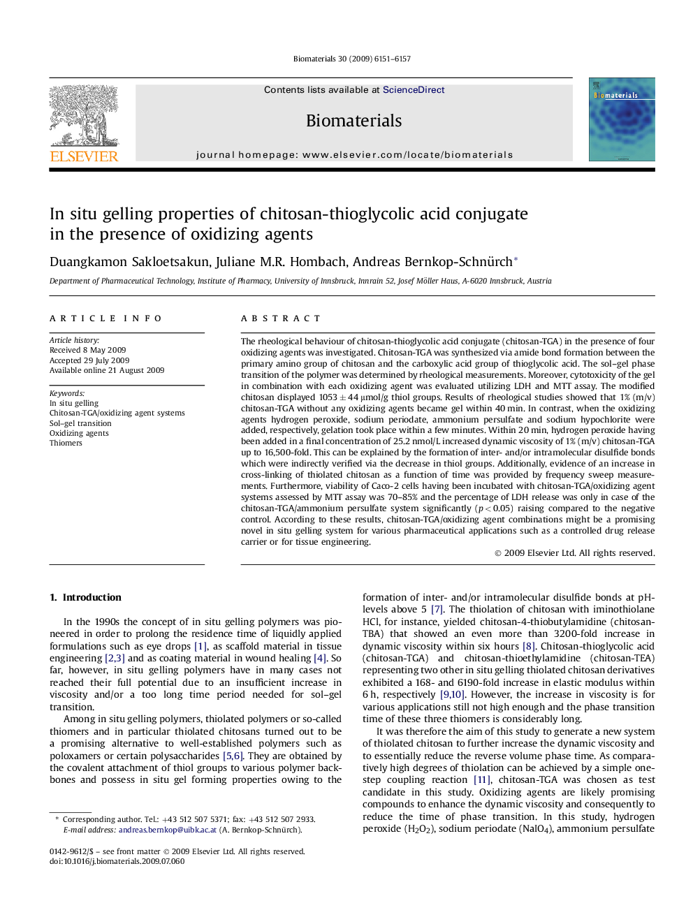 In situ gelling properties of chitosan-thioglycolic acid conjugate in the presence of oxidizing agents