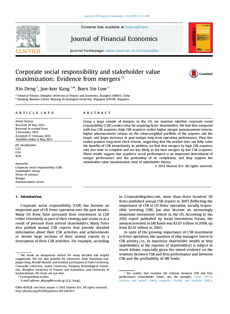 Corporate social responsibility and stakeholder value maximization: Evidence from mergers 