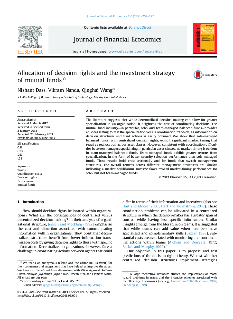 Allocation of decision rights and the investment strategy of mutual funds 