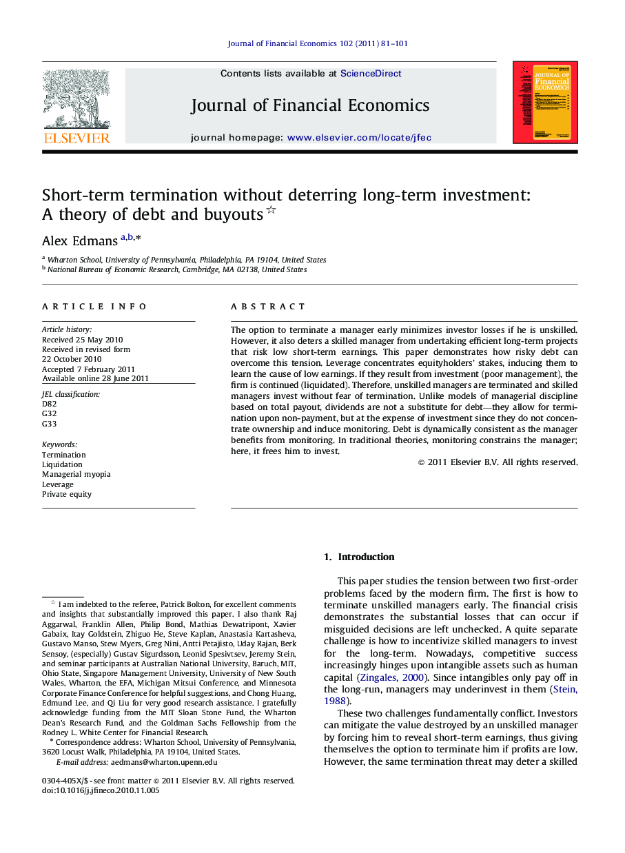 Short-term termination without deterring long-term investment: A theory of debt and buyouts 