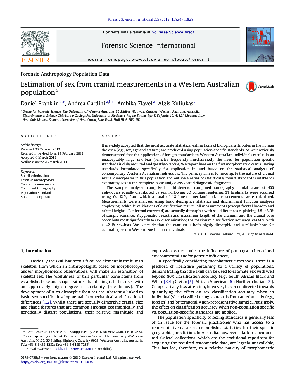 Estimation of sex from cranial measurements in a Western Australian population