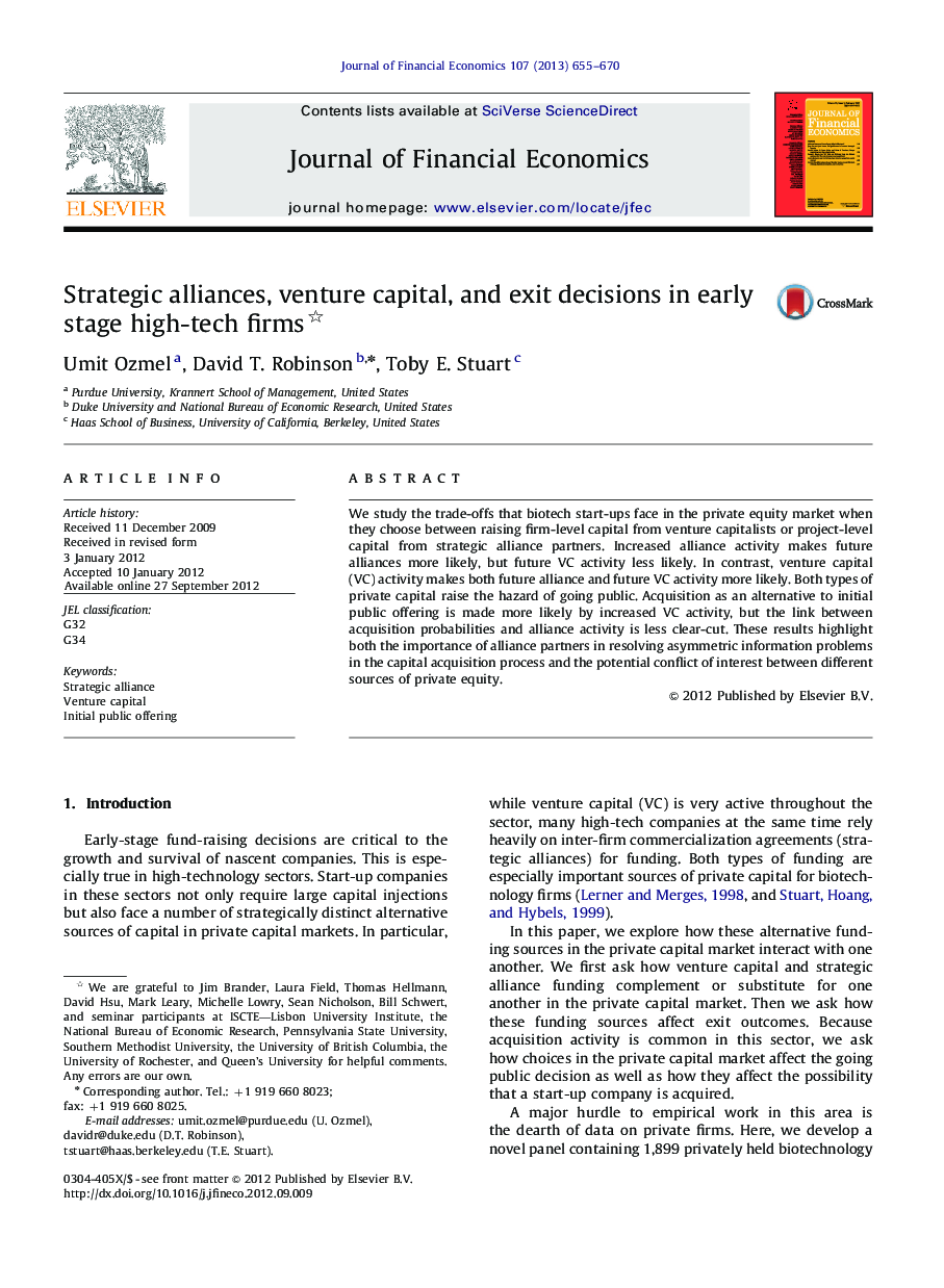 Strategic alliances, venture capital, and exit decisions in early stage high-tech firms 