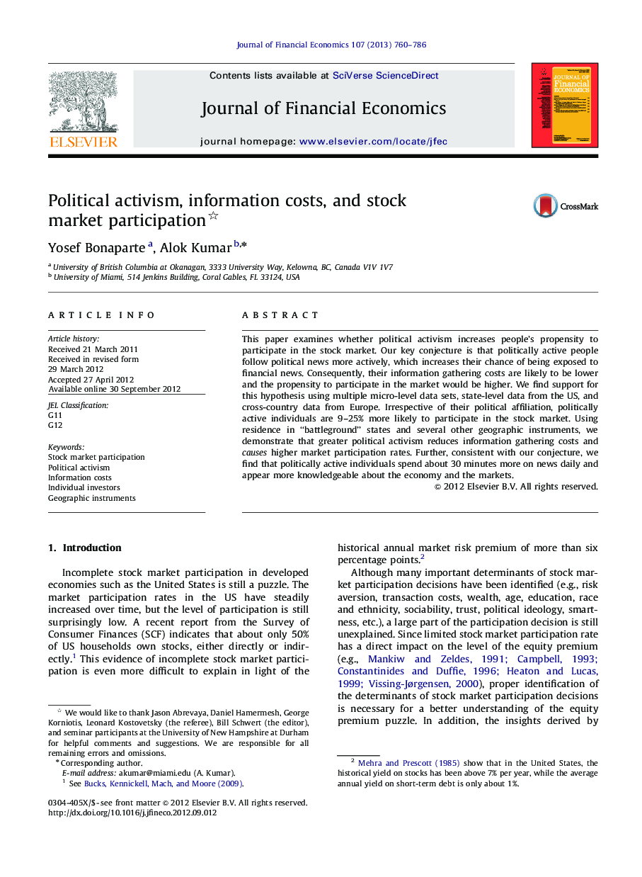 Political activism, information costs, and stock market participation 