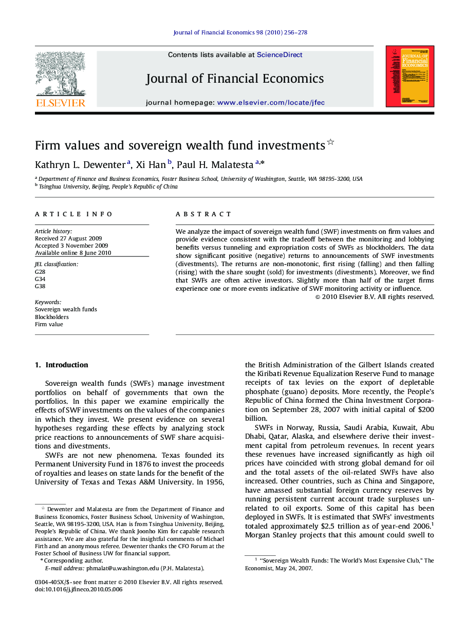 Firm values and sovereign wealth fund investments 