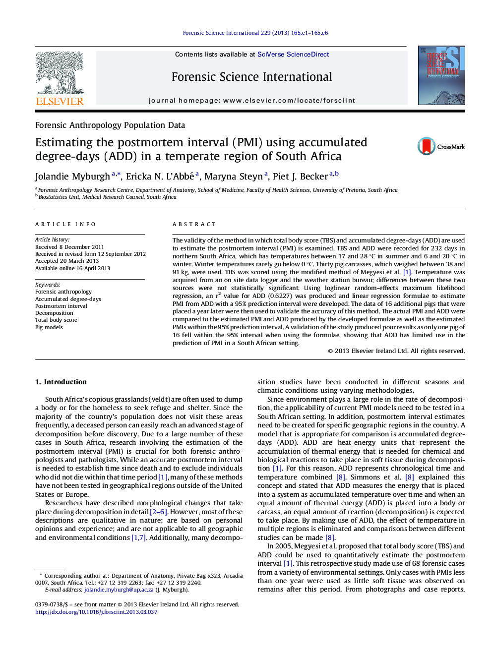 Estimating the postmortem interval (PMI) using accumulated degree-days (ADD) in a temperate region of South Africa