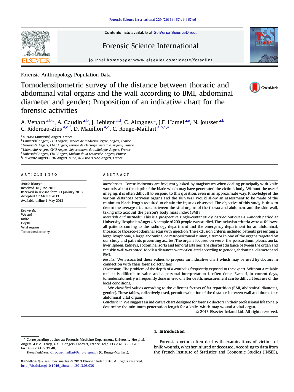 Tomodensitometric survey of the distance between thoracic and abdominal vital organs and the wall according to BMI, abdominal diameter and gender: Proposition of an indicative chart for the forensic activities