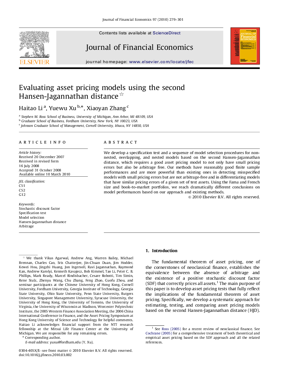 Evaluating asset pricing models using the second Hansen-Jagannathan distance 