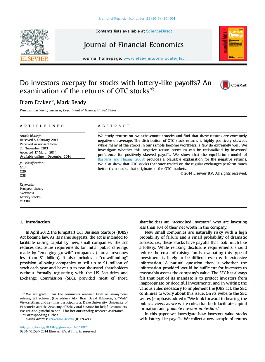 Do investors overpay for stocks with lottery-like payoffs? An examination of the returns of OTC stocks 