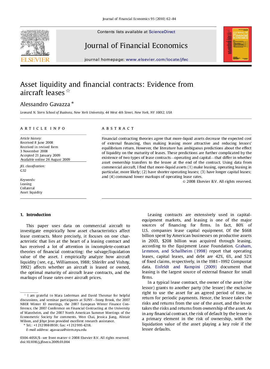 Asset liquidity and financial contracts: Evidence from aircraft leases 