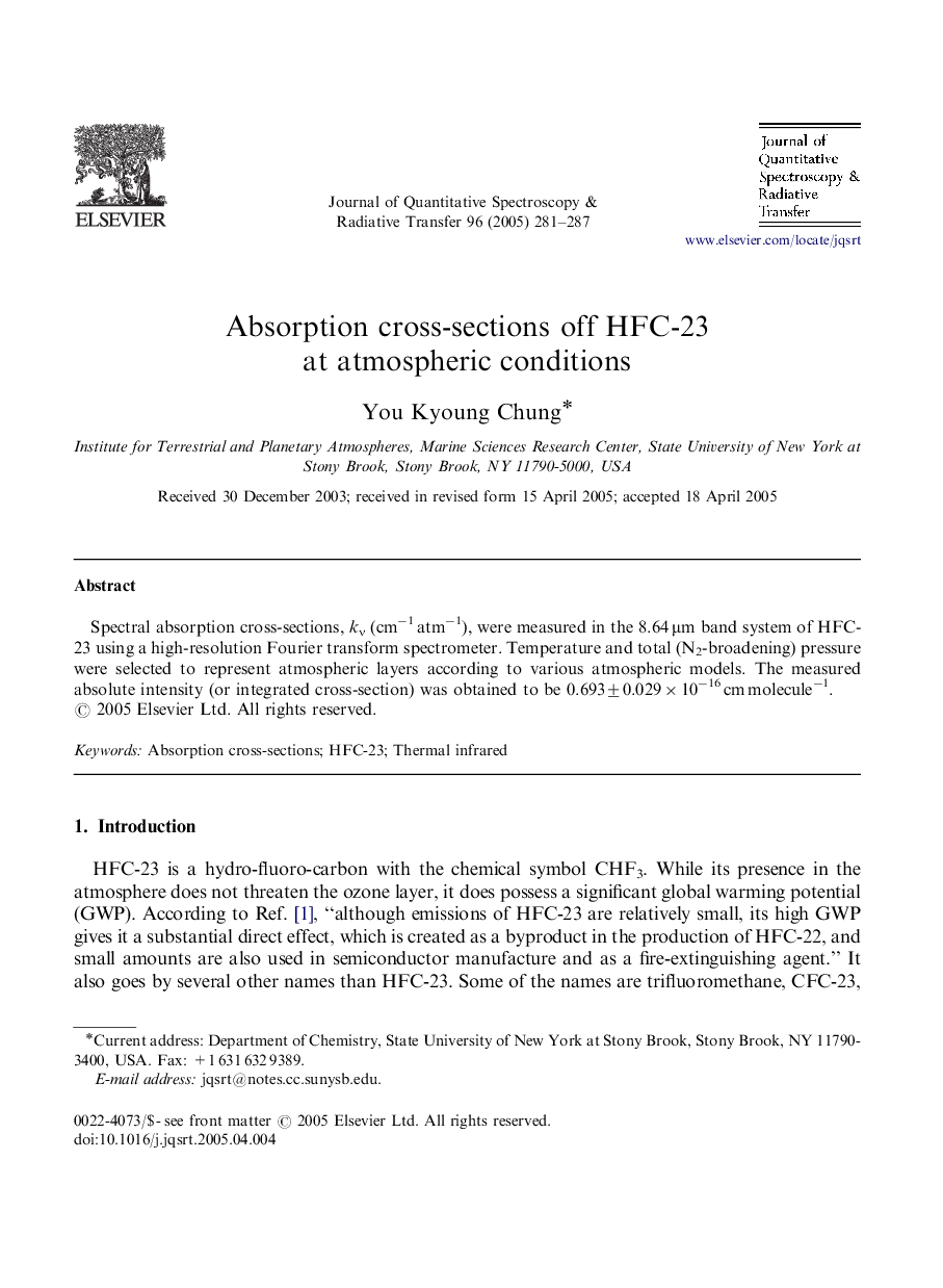 Absorption cross-sections off HFC-23 at atmospheric conditions