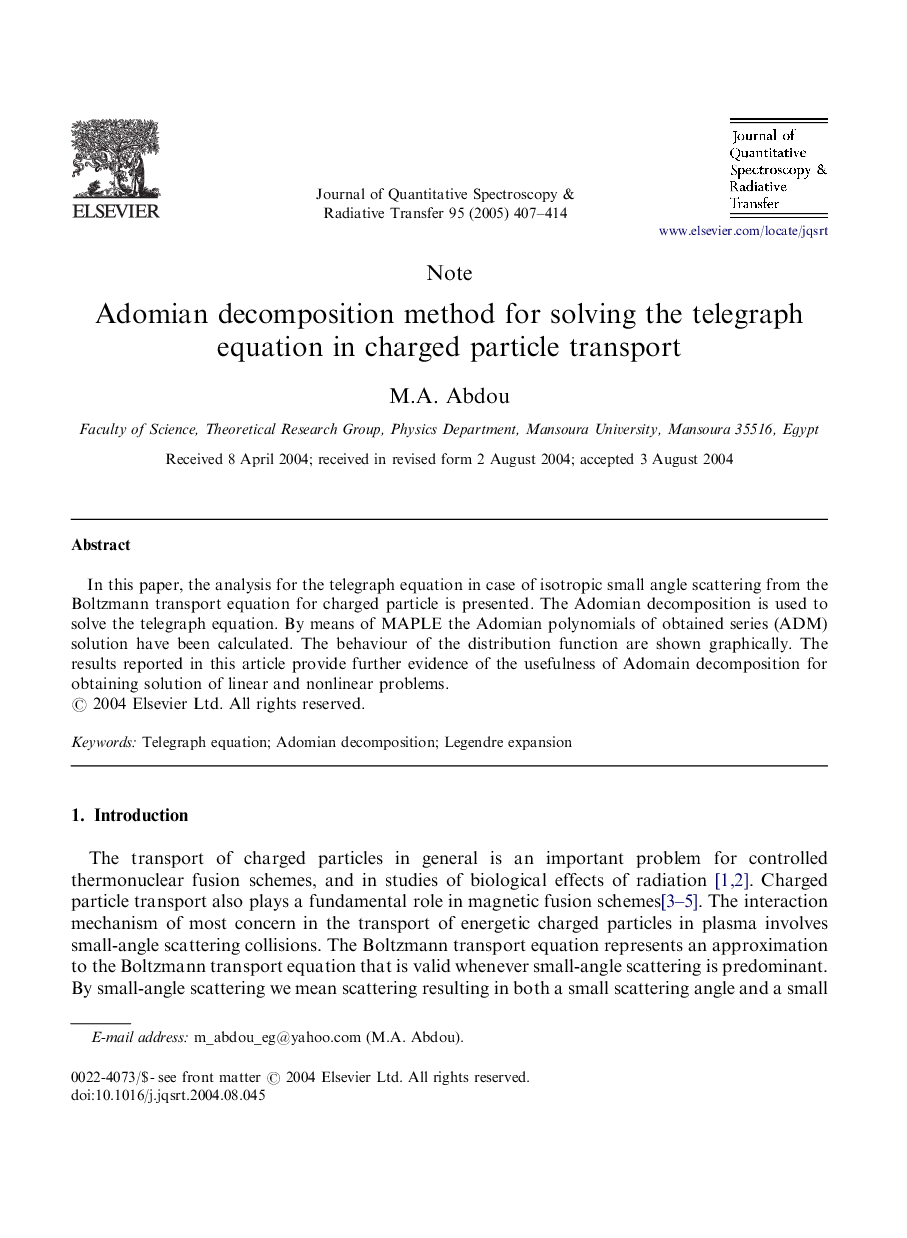 Adomian decomposition method for solving the telegraph equation in charged particle transport